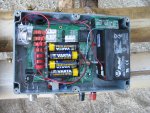 The big SLA rechargable battery provides DC supply over the twin line to remote relay. Note RF wireless module above