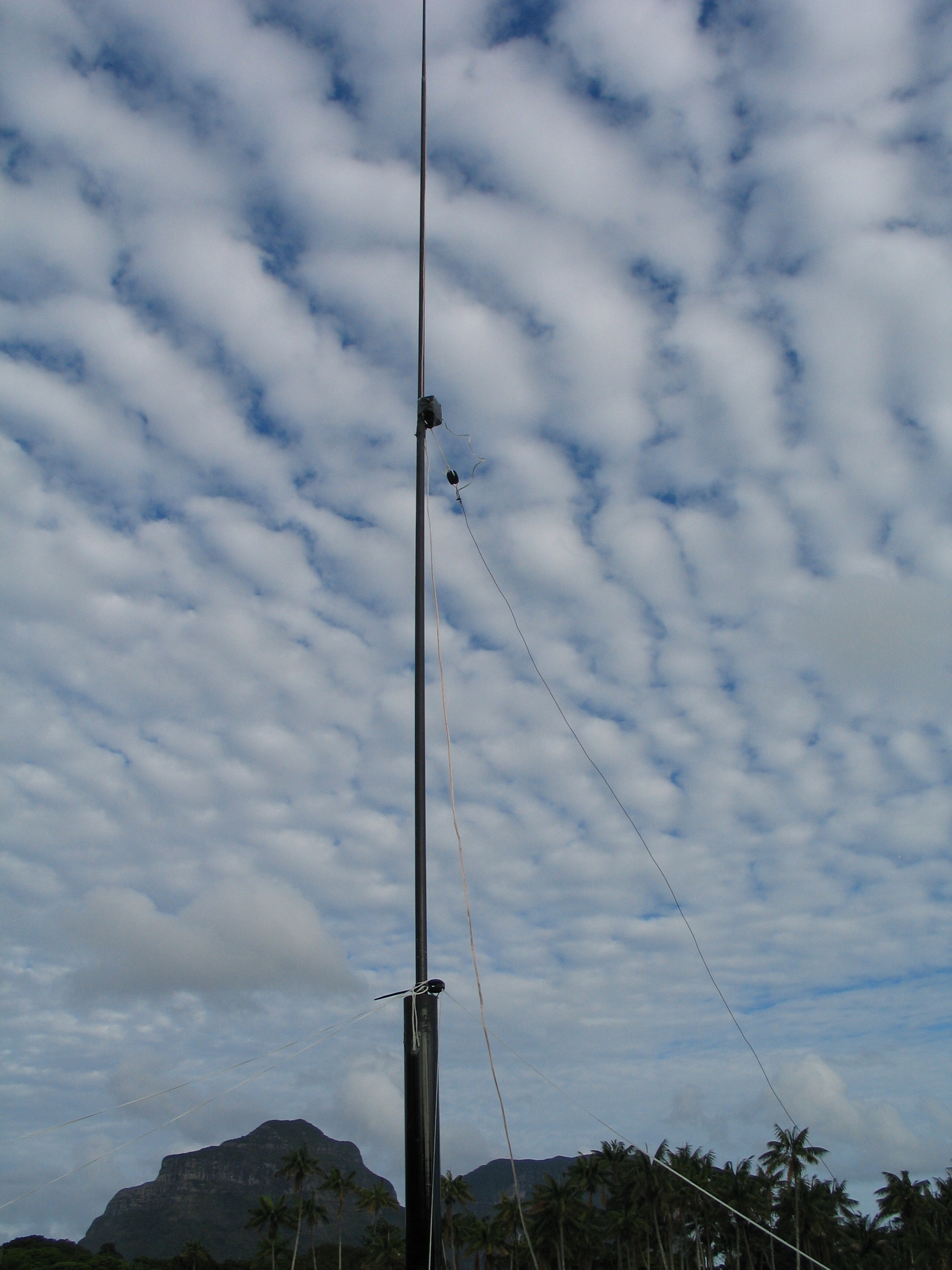 VK9LL 160m inverted L going up. Note remote relay box on the top of mast